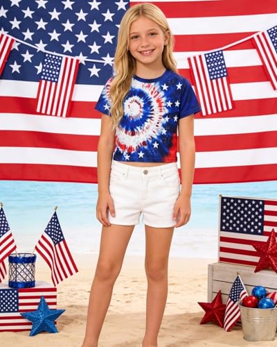 Image of DDSOL Girls July 4th Crop Tops Patriotic Shirt American Flag Short Sleeve Tshirts for Girl 6-14 Years