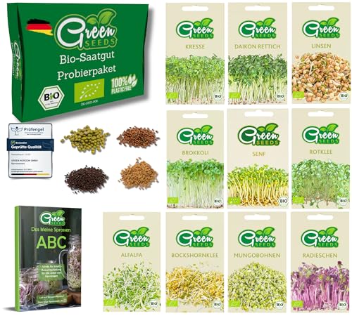 Green SEEDS - BIO Keimsorten Probierset Sprossen Samen & Microgreens zum selbst züchten - Saatgut 10er Probierpaket - Starter-Set für Sprossenglas & Kressesieb - Verpackt in nachhaltigem Graspapier