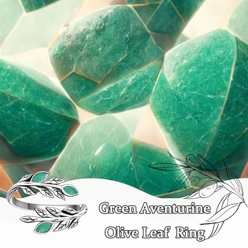 Green Aventurine Olive Leaf Ring - 925 Sterling Silver Peaceful Adjustable Nature leaves Wrap Ring Olive Jewelry Gifts for Women Wedding Engagement4