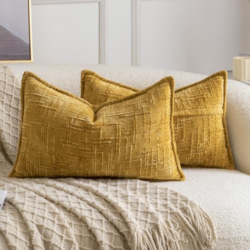 Image of MADIZZ Pack of 2 Chenille Throw Pillow Covers 12x20 Inch Yellow Soft Neutral Decorative Throw Pillows for Couch Sofa Boho Accent Cushion Covers Modern Farmhouse Home Decor for Bedroom Living Room