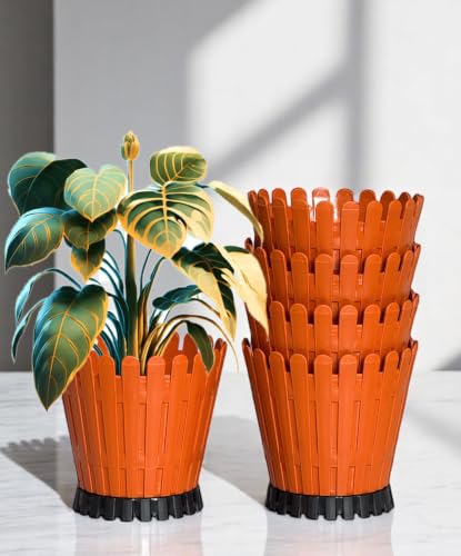 Image of TechHark Decorative Round Planter Pot with Picket Design, Terraccota with Black Base, 15 cm, Pack of 5
