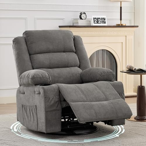 Image of GarveeHome 360° Swivel Recliner Chair for Adult, Linen Rocker Chair with 3 Positions/2 Side Pockets/Cup Holders, Manual Nursery Glider Rocking Chair for Bedroom Living Room Office