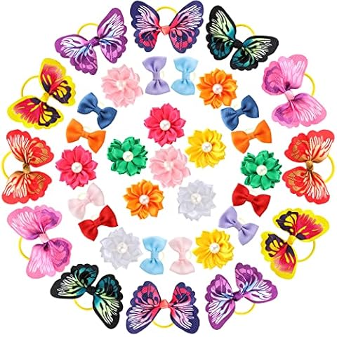 Janinka 36 Pieces Dog Bows Dog Hair Bows Flower Pearls Small Dog Bows Butterfly Dog Hair Bows Topknot Dog Grooming Bows with Rubber Bands Pet Hair Bowknot Ties for Puppy Dog Cats Hair Accessories Cover