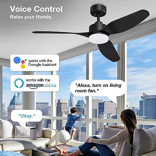 Image of Hoenofly 48 inch Smart Ceiling Fans with LED Lights Remote,Quiet DC Motor,Dimmable,Outdoor Indoor Modern Ceiling Fan Controlled by WIFI Alexa App,3 Black Blades for Bedroom Living Room Patio Porch