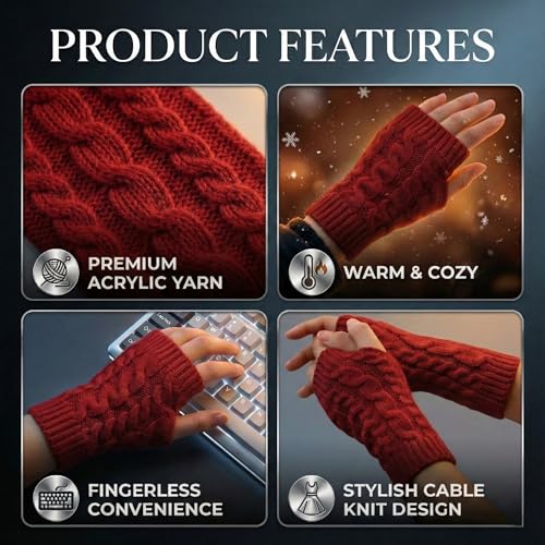 Image of Kraptick Women's Cable Knit Fingerless Gloves - Winter Soft Woolen Arm Warmers with Thumb Hole - Thermal Half Finger Mittens for Typing, Driving & Texting (Free Size, Khaki)