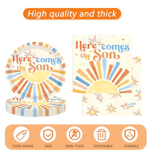 Image of Here Comes The Son Baby Shower Decorations,Boho First Trip Around The Sun Party Supplies,Disposable Dessert Plate,Napkin,Tablecloth for It's A Boy Gender Reveal,Sun You Are My Sunshine Baby Shower