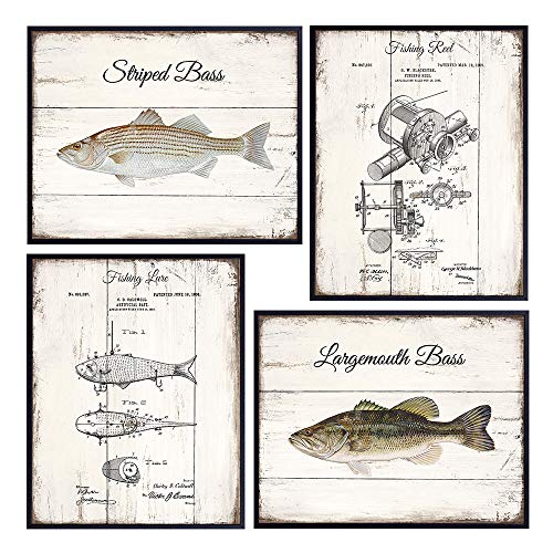 Freshwater Fishing Patent Print Set - Vintage Rustic Bass, Reel, Lure Wood Sign Style Wall Art, Home Decor, Room Decoration Picture Photos - Lake or River Fish Posters - Gift for Fisherman, Angler Georgia
