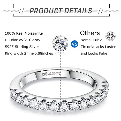 Moissanite Wedding Band Ring, 0.42 ct D Color VVS1 Lab Created Diamond Half Eternity Rings, 18K White Gold Plated 925 Sterling Silver Stackable Ring for Women Size 5-112