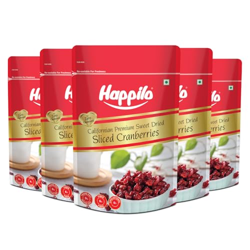 Image of Happilo Premium Californian Sliced Cranberries Dried & Sweet, High Antioxidant & Berry Good for Skin Health, Cranberry, 1000 g, Pack of 5