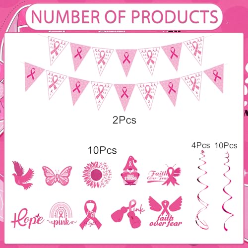 Image of Gameza Breast Cancer Decorations Pink - 12PCS Breast Cancer Awareness Decorations Pink and White Ribbon Banner Cancer Awareness Charity Activity Party Hanging Swirls Supplies Decor Home Office