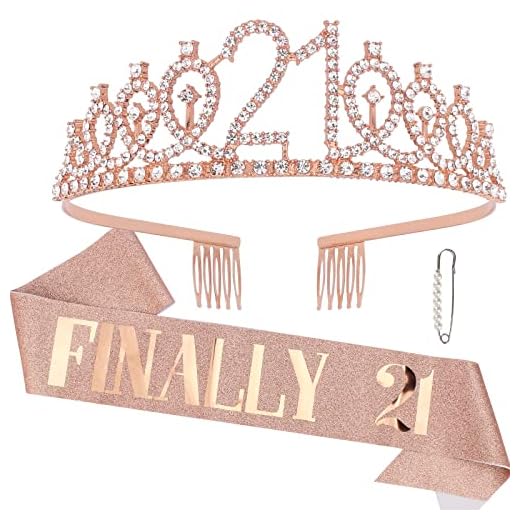 CAVETEE Rose Gold FINALLY 21 Birthday Sash and Crown for Women 21st Birthday Tiaras and Sash Set for Women Birthday Decorations Rose Gold Birthday Queen Crowns Tiaras for Women