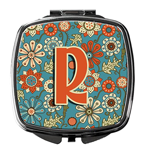 Espejo compacto cuadrado retro azul con flores