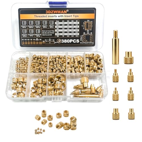 Heat Set Thread Inserts 380pcs Boxed with M2 M2.5 M3 M4 M5 M6(1/4) M8 Insert Tips for 3D Printing Components and Plastic Parts-Brass Metric Knurled Nuts