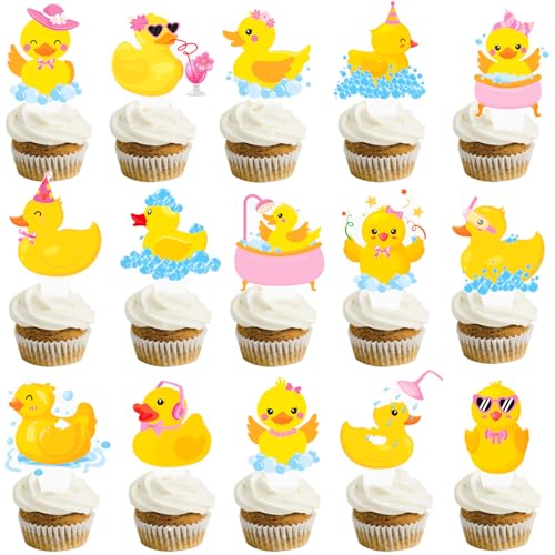 CANDY CHEF Duck Party Cupcake Toppers 48Pcs Rubber Duck Birthday Decorations Cake Toppers for Girls