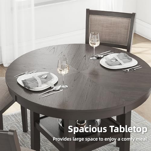 Image of Signature Design by Ashley Wrenning 5-Piece Transitional Dining Table with Chairs Set, 42 inch Square Table with Shelf, Upholstered Fretwork Chairs, Light Gray