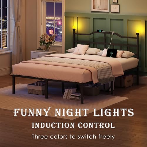 Full Bed Frame with Headboard, 14 inch Metal Bedframe with Entertainment Night Lights, Outlets & USB, Heavy Duty Basic Steel Slats Platform, Noise Free - Image 4