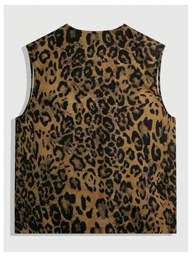 Verdusa Men's Leopard Print Zip Up Cargo Vest Sleeveless V Neck Jacket Outerwear2