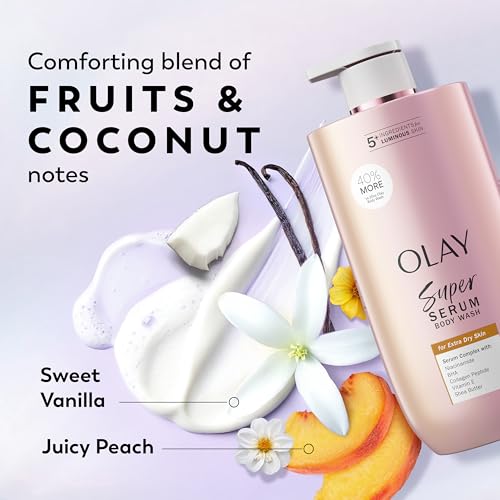 Image of Olay Super Serum Body Wash for Extra Dry Skin, 24hr Long Lasting Rich Hydration, 5+ Ingredient Complex for Bright, Even, Firm, & Luminous Skin, with Collagen Peptide, Vitamin C & Shea Butter, 28 fl oz