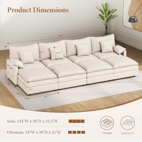 Image of Vesgantti 142 inch Oversized Sectional Sofa Bed, 8-Seater Modular Sleeper Cloud Couch with Movable Ottoman, Corduroy Convertible Sofa Set Deep Seat Couches for Living Room, Bedroom and Apartment, Beige