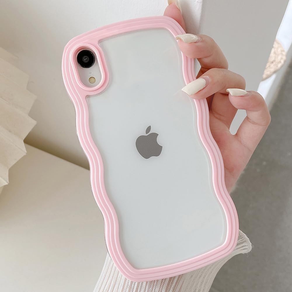 UEEBAI Wave Frame Clear Case for iPhone XR Phone Case,Cute Wave Frame Slim Fit Shockproof Phone Bumper Cover Translucent Soft Pretty Anti-Scratch TPU Case - Pink