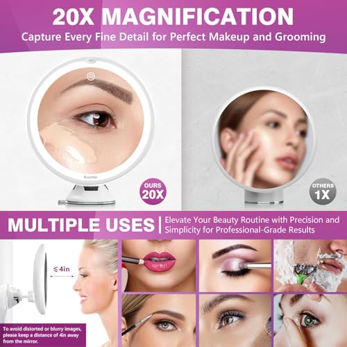 Auxmir Espejo Maquillaje con Luz 20X, Espejo Aumento Ducha Pared, Ventosa Fuerte, 3 Colores de Luz, Giratorio 360, para Baño Viaje Afeitado Depilación Cejas, Redondo, Blanco - imagen 3