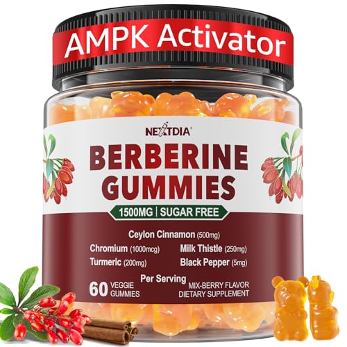 Berberine Gummies Supplement 1500mg Natural GLP-1 Support + Ceylon Cinnamon Chromium Milk Thistle Turmeric AMPK Activator for Women & Men Berberine HCl from Indian Barberry Sugar Free 60 Count