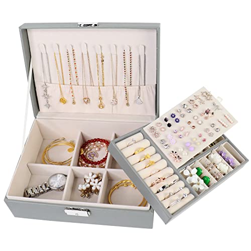 RUMIXI Schmuckkästchen für Damen Mädchen, Zwei Schicht PU-Leder Schmuckaufbewahrung Reise Schmuckkasten Groß mit Schlüssel Schmuckschatulle für Ringe, Ohrringe, Armbänder und Halsketten (Grau) Cover