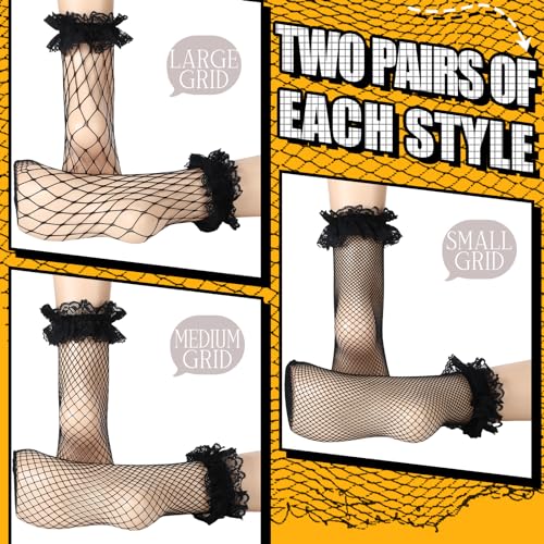 6 Pairs Women's Lace Socks Fishnet Ruffle Frilly Ankle Socks Mesh Hollow out Knee High Stockings for Women Girls4