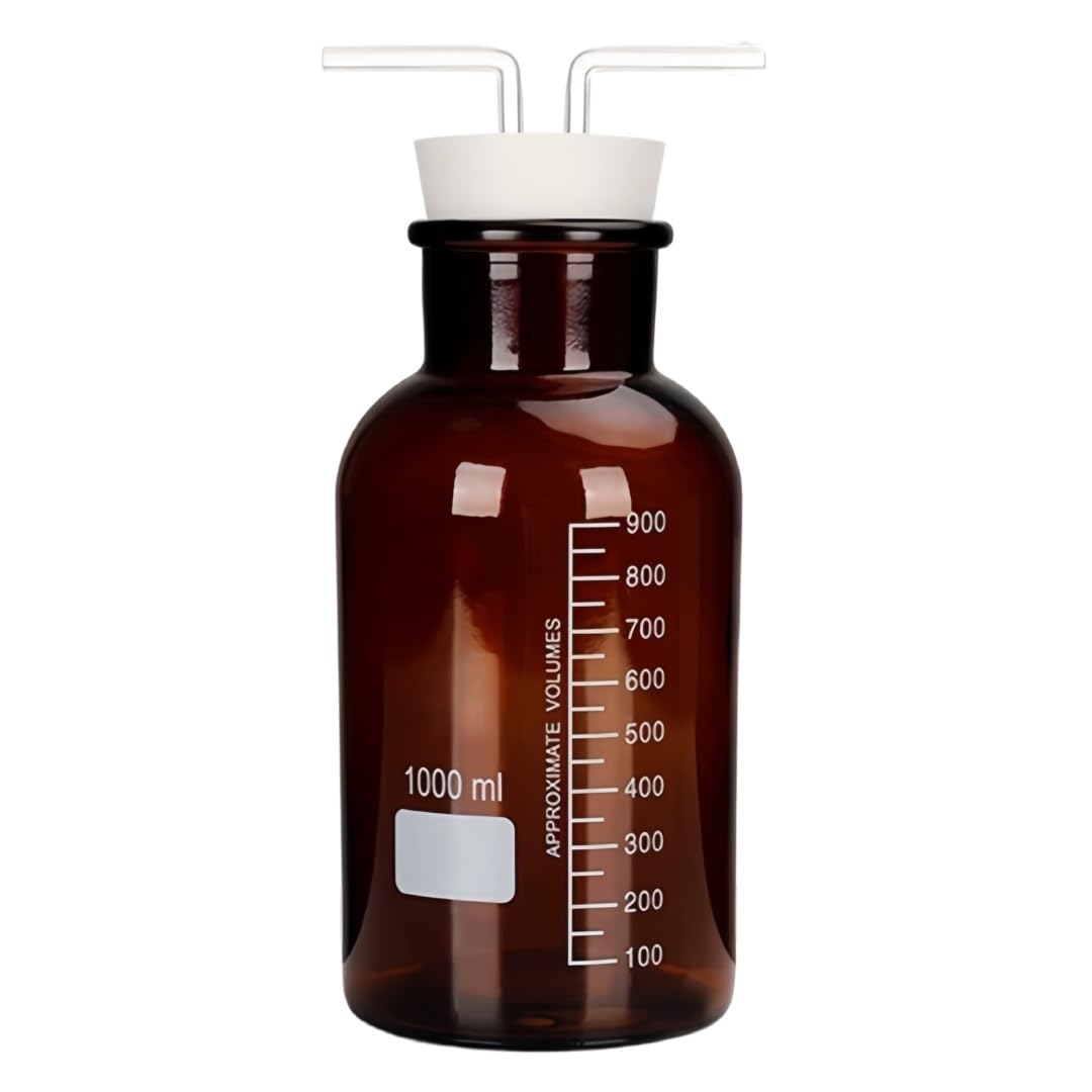 Frasco Borboteador Lavador Gas Vidrio Ámbar Tapón Goma Doble Orificio-1000ml