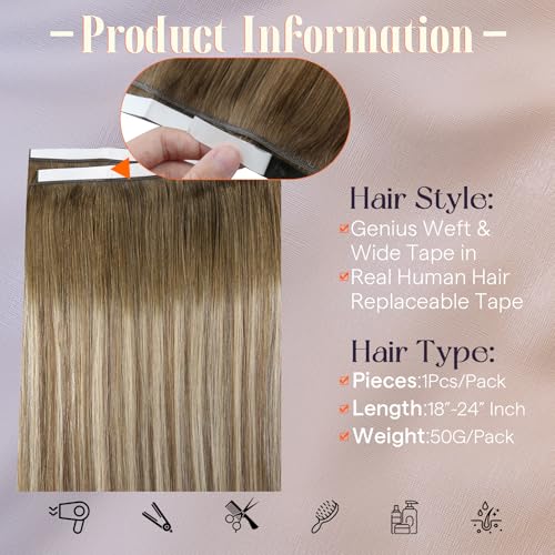 Image of Full Shine Wide Tape in Hair Extensions Real Human Hair, 18 Inch 50g | Brown to Ash Blonde Balayage, Seamless Remy Hair Add Length Volume, Genius Weft Tape in Extensions for Wedding Guest