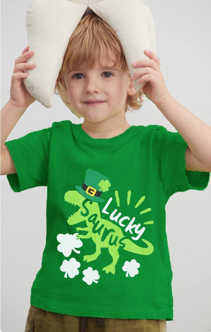 Lucky Dinosaur St. Patrick's Day T-Shirt Boys Green Shamrock Shirt Green Short Sleeve Tops for Toddler & Kids 6t 7t