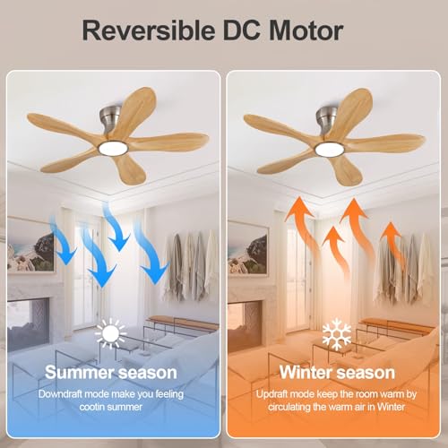 Image of Dimmable 42 Inch Flush Mount Ceiling Fans with Lights and Remote, 5 Blade Wood Bedroom Ceiling Fan Outdoor Ceiling Fans for Patios Low Profile Ceiling Fan with Light for Bedroom Indoor