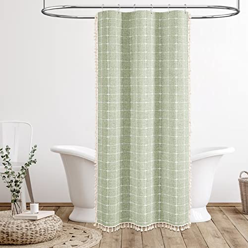 Image of BTTN Boho Shower Stall Curtain - 36x72 Narrow Linen Ultra Thick Tassel Fabric Shower Curtain Set with 6 Plastic Hooks, Half Modern Farmhouse Country Weighted Shower Curtains for Bathroom - Sage Green