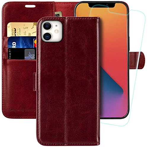 MONASAY Wallet Case Compatible for iPhone 11, 6.1-inch, [Glass Screen Protector Included] [RFID Blocking] Flip Folio Leather Cell Phone Cover with Credit Card Holder, Burgundy