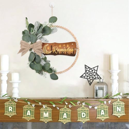 Image of HPNIUB Ramadan Door Sign, Eid Mubarak Decoration for Muslim Home Room, Islam Mubarak Wooden Hanging Sign Wreath, Ramadan Hollow Wall Art for Ramadan Mubarak Party Supplies