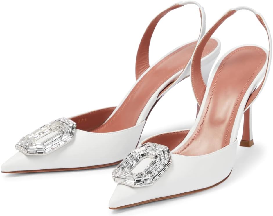 Vertundy Women's Slingback Rhinestone Heels-Pointed Toe Satin Crystal Stiletto Wedding Bride Pump Shoes Size 7 White