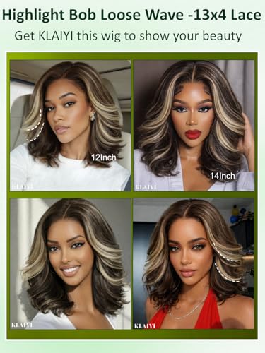 Image of KLAIYI Bye Bye Slip Highlight Blonde Bob Loose Wave Pre Everything 13x4HD Lace Front Wigs Human Hair Ombre Brown Layered Blowout Glueless Drawstring Pre Plucked Bleached Knots Face Framing Wig 12Inch