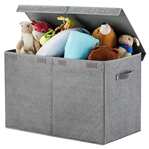 Youdenova Toy Box Chest Storage Organizer, Extra Large Kids Toy Box, Collapsible Toy Bin For Boys Girls, Toy Chest With Double Flip-Top Lid For Nursery, Playroom, Closet, 24.5''×13''×16'' (Grey) #TOP19
