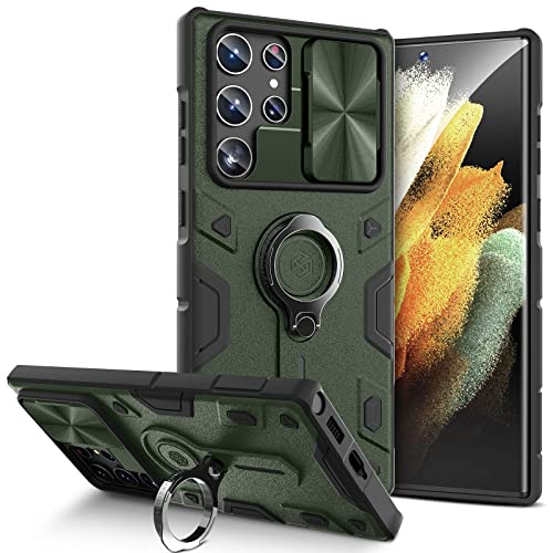 Image of imluckies for Samsung Galaxy S22 Ultra Case with Camera Cover & Kickstand, 360Rotating Ring Stand+Slide Lens Protection, Shockproof Bumper, Impact-Resistant Case for S22 Ultra 5G 6.8 inch, Green