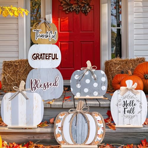 Bucherry 5 Set Fall Porch Decoration Pumpkin Wood Porch Standings Thankful Grateful...