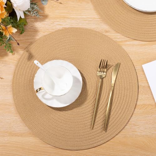 Image of SHACOS 15 inch Round Braided Placemats Set of 6 Cotton Polyester Heat Resistant Round Table Mats Washable Place Mats for Dinner Party Table Decoration (Camel, 6)