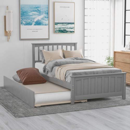 Twin Size Platform Bed with Trundle and Headboard Footboard (Gray)