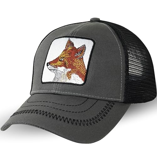 Gorra de Béisbol de Malla con Visera y Bordado de Cabeza de Zorro – Gorra Snapback Negra Ajustable y Urbana para Hombre – Talla Única