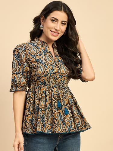 Image of Azira Cotton Printed Mandarin Collar | Blue Color | Casual Top | Woman Top| Tops for Woman | Stylish Summer Wear