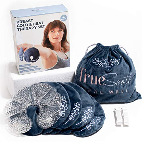 TrueSooth Hot Cold Breast Therapy Packs, with Bra Straps for Hands Free Use. Set of 4 Reusable Gel Heat or Ice Packs for Post Breast Surgery Recovery, Breastfeeding, PMS, Menopause, IVF Breast Pain