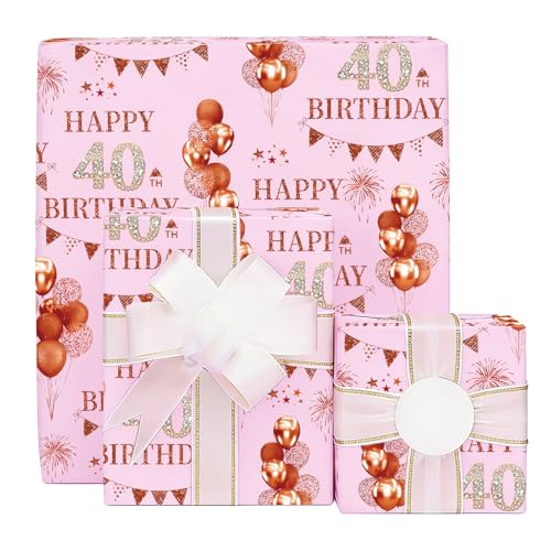 Xenray 40th Birthday Wrapping Paper 5sheets Rose Gold 50x70cm 40 Year Old Printed Patterned Paper