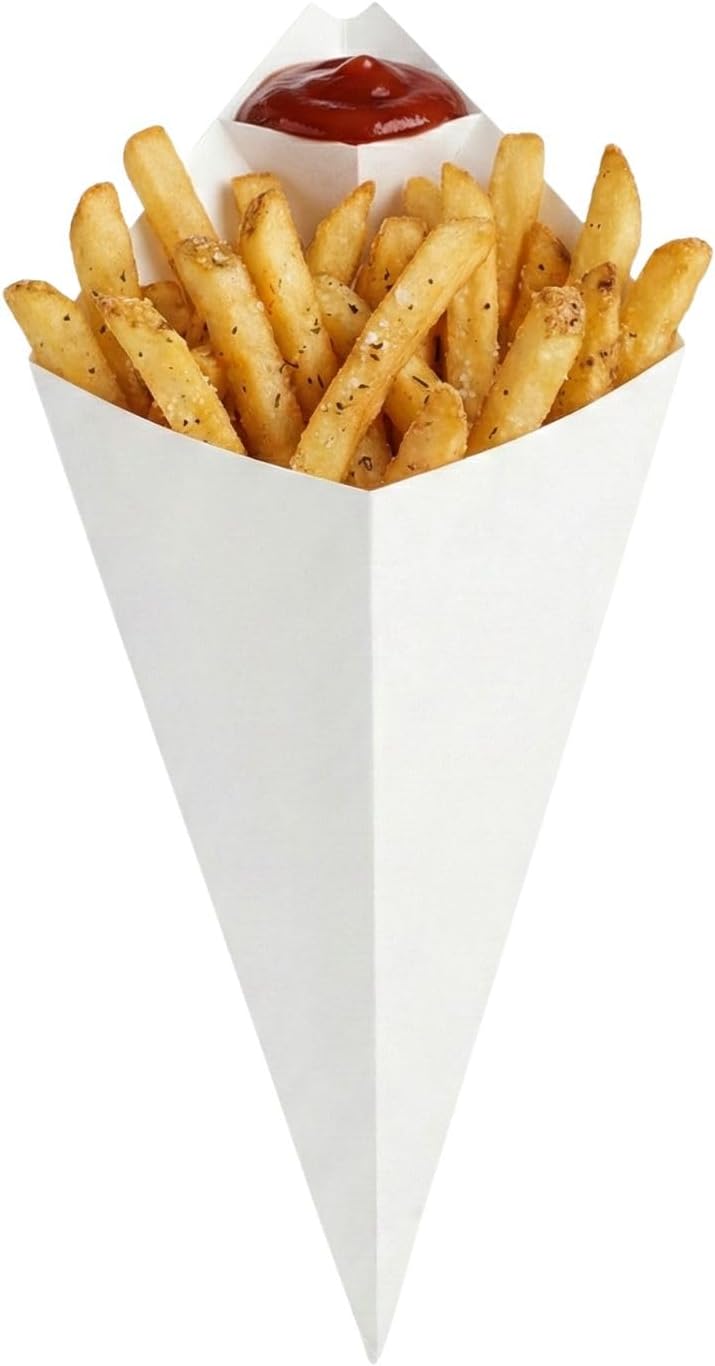 Restaurantware Conetek 10-Inch Eco-Friendly White Finger Food Cones with Built-in Condiment Dipping Pocket: Perfect for Appetizers - Food-Safe Paper Cone - Disposable and Recyclable - 100-CT