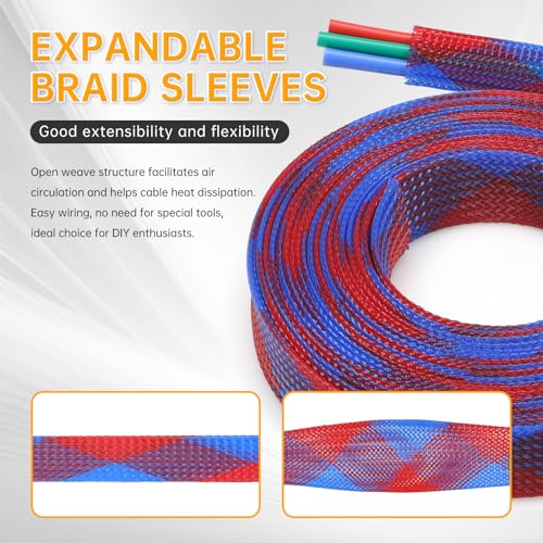Braided Wire Loom Sleeve - Funda trenzada para cables, resistente a mordeduras de mascotas, alta densidad expandible para cables automotrices y PC 16.4 pies (Azul Rojo, 10mm (3/8")) miniatura 2