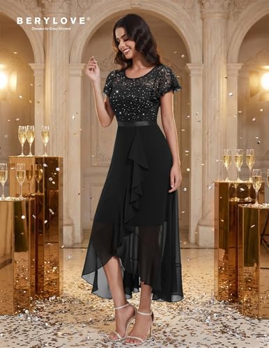 Image of BeryLove Formal Long Dresses for Women Wedding Guest Cocktail Bridesmaid | Airy Lace & Chiffon Evening Gown, Flutter Sleeve, Ideal for Mother of the Bride, Prom, Homecoming Party & Semi-Foraml Events