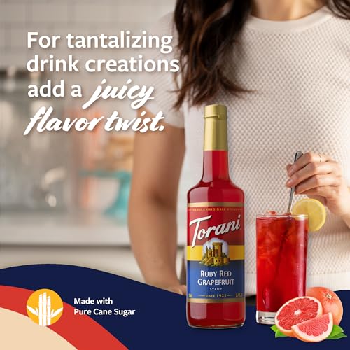 Image of Torani Ruby Red Grapefruit Syrup for Drinks, Flavoring for Sodas and Cocktails, Glass Bottle with Pump Included, 25.4 Fl Oz
